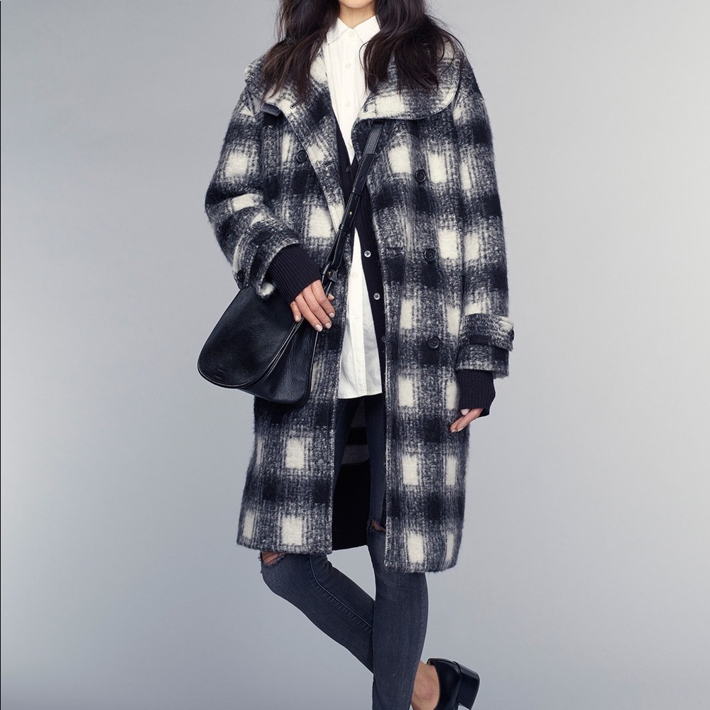 BR Black Plaid Wool Double-Breasted Long Jacket